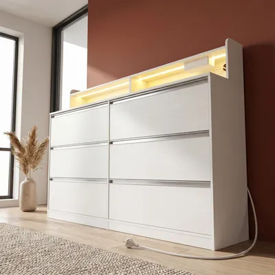 Produktbild von Sideboard mit LED-Beleuchtung, 6 Schubladen, Kommode 40 x 140 x 95 cm, Weiß | Moderner Seiten-Schrank, Mehrzweck-Aufbewahrungsmöbel für Schlafzimmer,