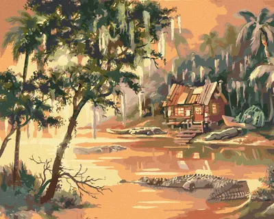 Produktbild von Zuty - Malen nach Zahlen - ALLIGATOREN IM WASSER UND DSCHUNGELHÜTTE (D. RUSTY RUST), 40x50 cm, ohne Keilrahmen