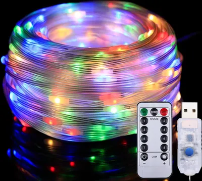 A coiled string of colorful LED lights with a remote control and USB connector.