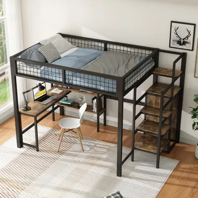 Obrázek produktu pro okwish Vysoká postel 140x200 cm s ochranným zábradlím, patrová postel s stolem a regály, kovová postel pro děti s latěmi, Černá