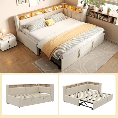 Obrázek produktu pro Postel o rozměrech 90 x 200 cm / 180 x 200 cm, rozkládací pohovka s LED osvětlením, L-tvarovou čalouněnou opěrkou hlavy, otevřenými úložnými prostory, potažená lněnou látkou