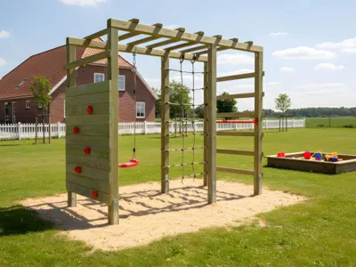 Produktbild von Belladoor Braun Grün Leo Swing Klettergerüst, Kiefer Holz Spielturm mit Rutsche Schaukel Kletterwand, Garten Spielgerüst für Kinder, KDI Modell