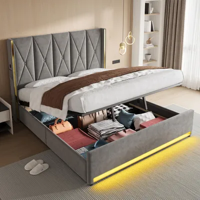 Produktbild von LVHOM Polsterbett mit Stauraum, Doppelbett mit LED, USB-Anschlüsse und Seitentaschen, Funktionbett, 180x200 cm, Grau