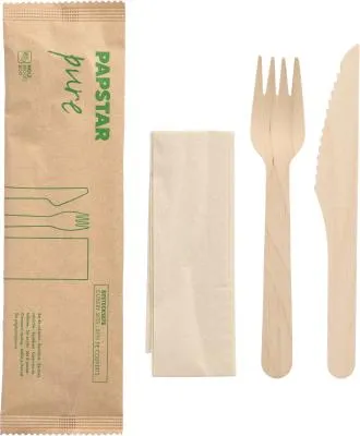 Produktbild von Besteckset, Holz "pure" : Messer, Gabel, Serviette in Papierbeutel
