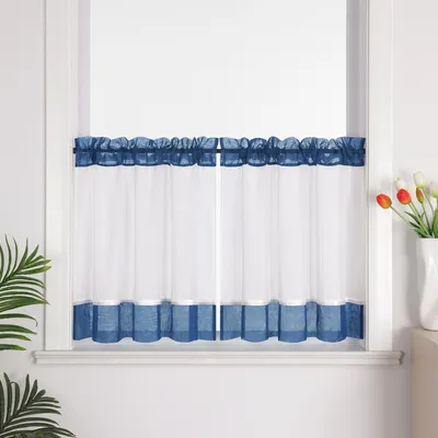 Produktbild von Joyswahl 1 Stück Scheibengardine Leinenoptik Bistrogardine Modern Kurzgardine Halbtransparent Küchengardine mit Tunnelzug Dunkelblau HxB: 45x120cm