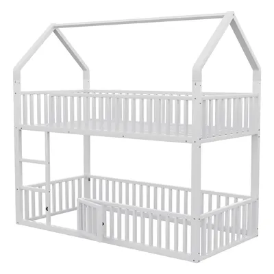 Produktbild von okwish Etagenbett 90×200 Kinderbett ohne Matratze,Stockbett mit Treppe und Loft-Design,Unteres Bett mit Tür,Jugendbett mit Rundum-Sicherheitsgeländer,Weiß