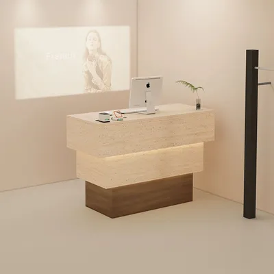 Produktbild von Theke, Kassentheke, Gewerbetheke, LED-Beleuchtete Theke,Bekleidungsgeschäft-Theke, Hotelrezeption, schlicht. Beige Braun 130x50x90cm