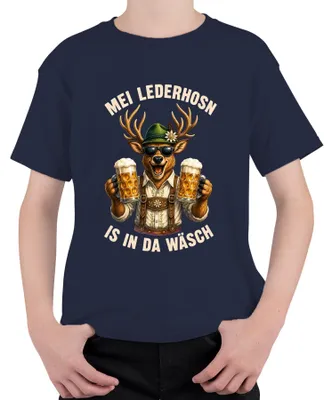 Produktbild von Mei Lederhosn is in da Wäsch Hirsch Bier Trachtenshirt Lederhose Kinder T-Shirt, Navy, 116
