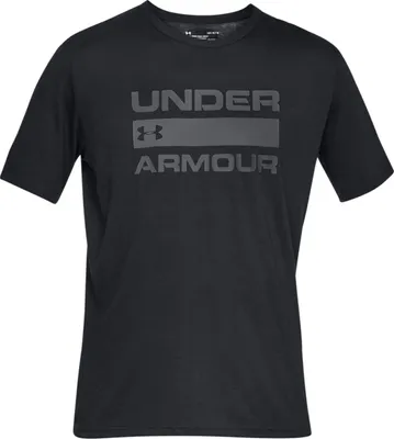 A black t-shirt with the Under Armour logo and text printed on the front.