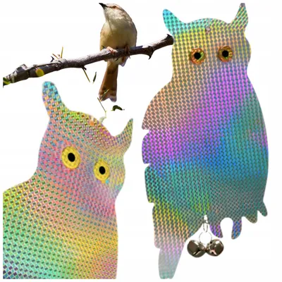 Produktbild von Vogelschreck Eule holografisch Vogelabwehr Garten Balkon mit Glocken 41 cm