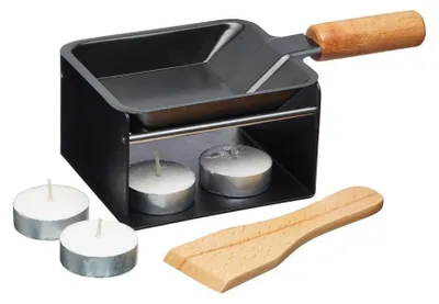 Mini Raclette Grill Set für 2 Personen, Metall, Antihaft, Holzspatel