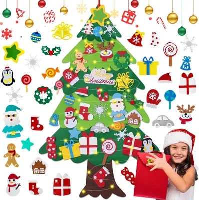 Produktbild von Filz Weihnachtsbaum für Kinder, 1 m, 34 Dekorationen, 5 m Lichterkette, Wanddeko für Weihnachten