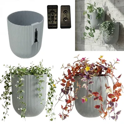 Produktbild von Set mit 2 Wandbepflanzung, Wandblumentopf, Hängeblumentopf, H 18 cm, Ø 15 cm, zarte vertikale Rillen, grau, Kletterpflanzen, Pflanzenwand, Blumendekoration
