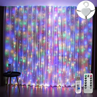 Productafbeelding van Gordijn-kerstverlichting - Waterdicht - 3 x 3 m - 300 LED-lichtjes - 8 standen - Afstandsbediening - Timer - Tuin