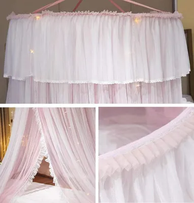 Imagen del producto de Dosel para cama de princesa, mosquitera rosa y blanca de doble capa, compatible con camas individuales hasta tamaño king, para