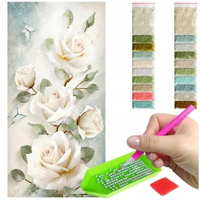 Zdjęcie produktu dla Haft diamentowy ARTULIO - Białe róże w stylu vintage - 80 × 40 cm - Diamond painting, Kompletny zestaw: mozaika + akcesoria