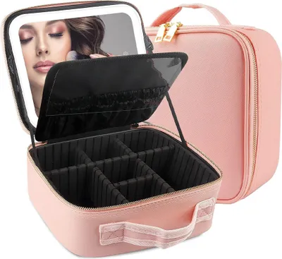 Obrázek produktu pro Make-up Taška se zrcátkem LED cestovní kompaktní kosmetická taška růžová