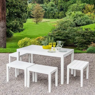 Produktbild von Outdoor-Lounge-Set Sanremo, Gartenset mit 1 rechteckigem Tisch und 4 Bänken, Indoor- und Outdoor-Set für Pic Nic, 100 % Italy, Weiß