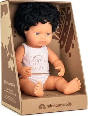 Produktbild von Lernpuppe 38 cm Kaukasischer Junge mit schwarzem und gewelltem Haar