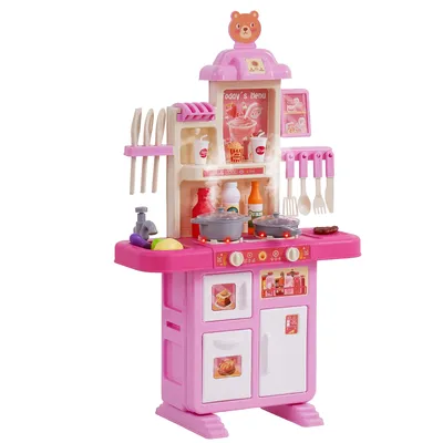 Produktbild von VEVOR Kinderküchen-Spielset, Kleinkinderküche mit Kochherd mit Dampf, Geräuschen und Lichtern, Spielküchenset mit 48-teiligem Kochzubehörset Kinder im Alter von 3–5 Jahren, Rosa