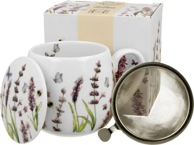Produktbild von DUO FLORAL Fassbecher 430 ml CLASSIC LAVENDER mit Teesieb, New Bone China Porzellan