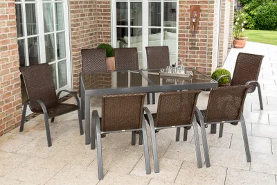 Produktbild von Merxx Varese Gartenmöbelset 9tlg., 8 Stapelsessel, Ausziehtisch 180 (240) x 100 cm, Aluminium/Kunststoffgeflecht