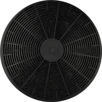 A round, black charcoal filter seen from directly above against a white background.