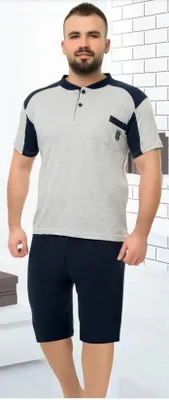 Produktbild von Herren Pyjama Schlafanzug Bermuda Shorty Hellgrau M Kurzarm Baumwolle 2 Teiler R-73