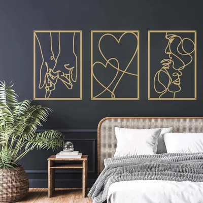 Image de Décoration murale minimaliste en métal, lot de 3 pièces, motifs : baiser, cœur, main, couleur or