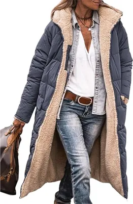 Produktbild von ASKSA Damen Lang Daunenmantel Warm Fleece Reversibel Winterjacke Kapuze Fleecejacke Daunenjacke Mantel, Dunkelgrau, M