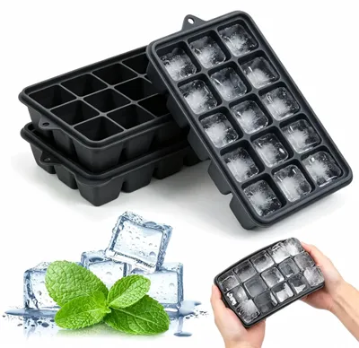 3er Set Silikon-Eiswürfelformen, 15 Stück, mit Deckel, schwarz