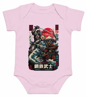 Imagen del producto de Robot vs. Samurai. Mecha japonés. Cyberpunk. Katana. Combate. Fuji. Estilo Y2K. Anime. Body para bebé, color rosa, talla 0/3
