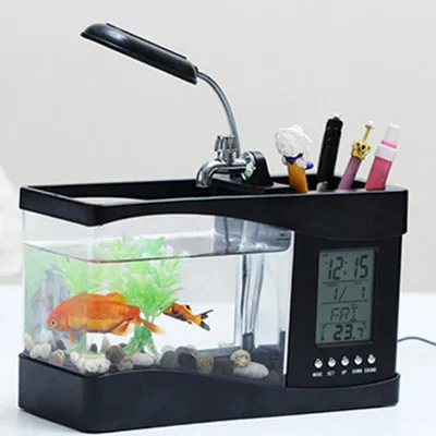 Image de Mini aquarium USB multifonctionnel avec lampe LED, écran LCD, horloge et boîte de rangement pour aquarium à poissons