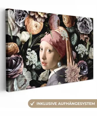 Produktbild von MuchoWow® - Leinwandbilder - Mädchen mit Perlenohrring - Blumen - Vermeer - Pastell - Kunstwerk - Gemälde - Alte Meister, Wandbild, Wanddeko Bilder Wohnzimmer, 60x40 cm