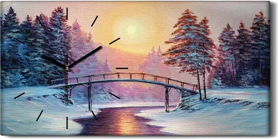 Produktbild von Wanduhr Bürouhr Leinwand Bild Geräuschlos 60x30 Ölgemälde Winter Baum Brücke - schwarze Hände
