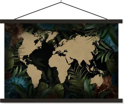 Produktbild von MuchoWow® Textilposter Weltkarte - Tropische Pflanzen - Blätter 90x60 cm mit schwarzem Rahmen - Aufhängungssatz