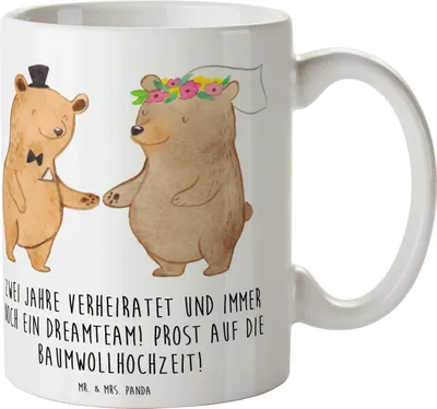 Produktbild von Mr. & Mrs. Panda Teetasse 2. Hochzeitstag Baumwollhochzeit - Weiß - Geschenk, verheiratet, Heirat, Kaffeetasse, Kaffeebecher, Beziehung, Heiraten, milchtasse, Geschenke