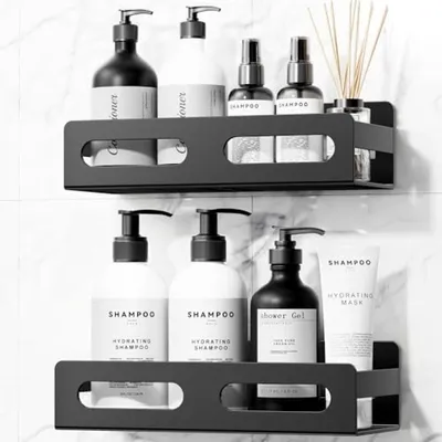 Produktbild von PromoHome® Badezimmerregal Set – Selbstklebendes Aufbewahrungsregal für Dusche, 2er Set, Schwarz, 23x22x10 cm