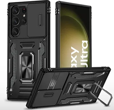 Produktbild von Galaxy S23 Ultra Hülle, Schiebe Kamera Schutz und Ringhalter Ständer Dual Layer Stoßfest Schutzhülle für Samsung Galaxy S23 Ultra