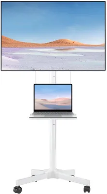 Immagine prodotto di Supporto TV mobile Unyqoos®, regolabile in altezza fino a 1235 mm, con ripiano per laptop, ruote bloccabili, inclinazione regolabile da +3° a -12°, adatto per schermi da 21 a 60 pollici, capacità massima di 35 kg, struttura in acciaio robusta