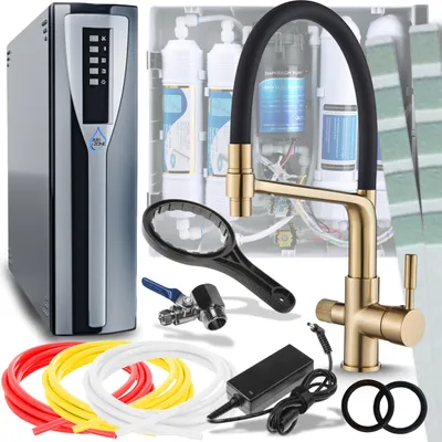 Immagine prodotto di Rubinetto da cucina a 3 vie Ari Flexible con doccetta estraibile e beccuccio girevole 360, finitura oro spazzolato, per acqua filtrata