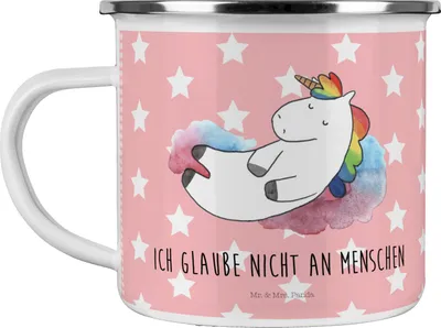 Produktbild von Mr. & Mrs. Panda Pott Einhorn Wolke 7 - Rot Pastell - Geschenk, Outdoor Becher, Emaille Tasse, Menschen, Lustig, Unicorn, Einhörner, Teetasse, metallbecher