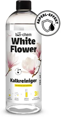 Produktbild von bio-chem White Flower Kalkreiniger Konzentrat | Badreiniger gegen Kalk & Wasserflecken für Bad, Dusche & Armaturen | Duftkomposition White Flower | 750 ml Reinigungskonzentrat für bis zu 3 Liter
