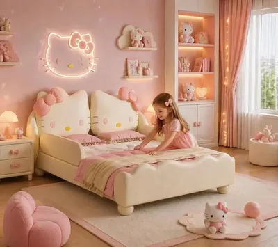 Zdjęcie produktu dla Beżowe łóżeczko dla dzieci Hello Kitty z barierami ochronnymi, nowoczesny design, idealne dla dziewczynek