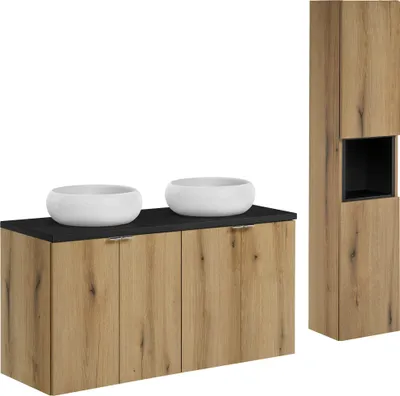 Obrázok produktu pre Súprava kúpeľňového nábytku 120 cm dub s čiernou doskou a stĺpikom