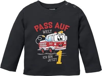 Produktbild von Baby Langarm-Shirt 1.Geburtstag Feuerwehr-Auto Pass auf Welt ich bin jetzt 1 Geburtstagsshirt Baumwolle Junge/Mädchen MoonWorks® schwarz 80/86 (10-15 Monate)