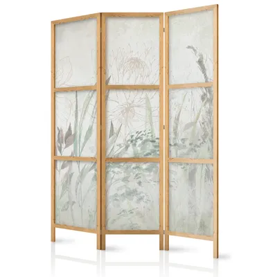 Image de Paravent Feuilles 135 x 171 cm 3 panneaux simple face élégant brise-vue séparateur de pièce cloison de séparation motif décoratif bois design bureau à domicile botanique nature prairie b-C-10247-bh-c