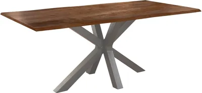 Produktbild von Esszimmertisch 140x80cm Toledo, echte Baumkante, Akazienholz nussbaumfarben, massiver Baumkantentisch mit Spider-Gestell Silber