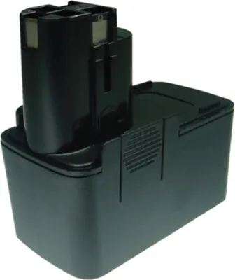 A black power tool battery pack is shown against a white background.