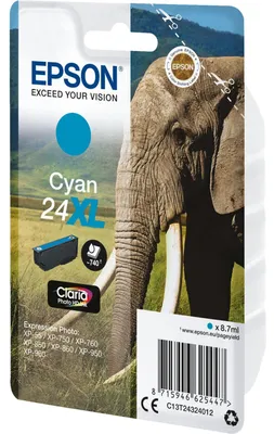 Produktbild von Epson Elephant 24XL Elefant Claria Photo HD Single Cyan Tinte, High (L) Yield, Cyan, 8,7 ml, 1 Stück(e), 740 Seiten, Einzelpackung